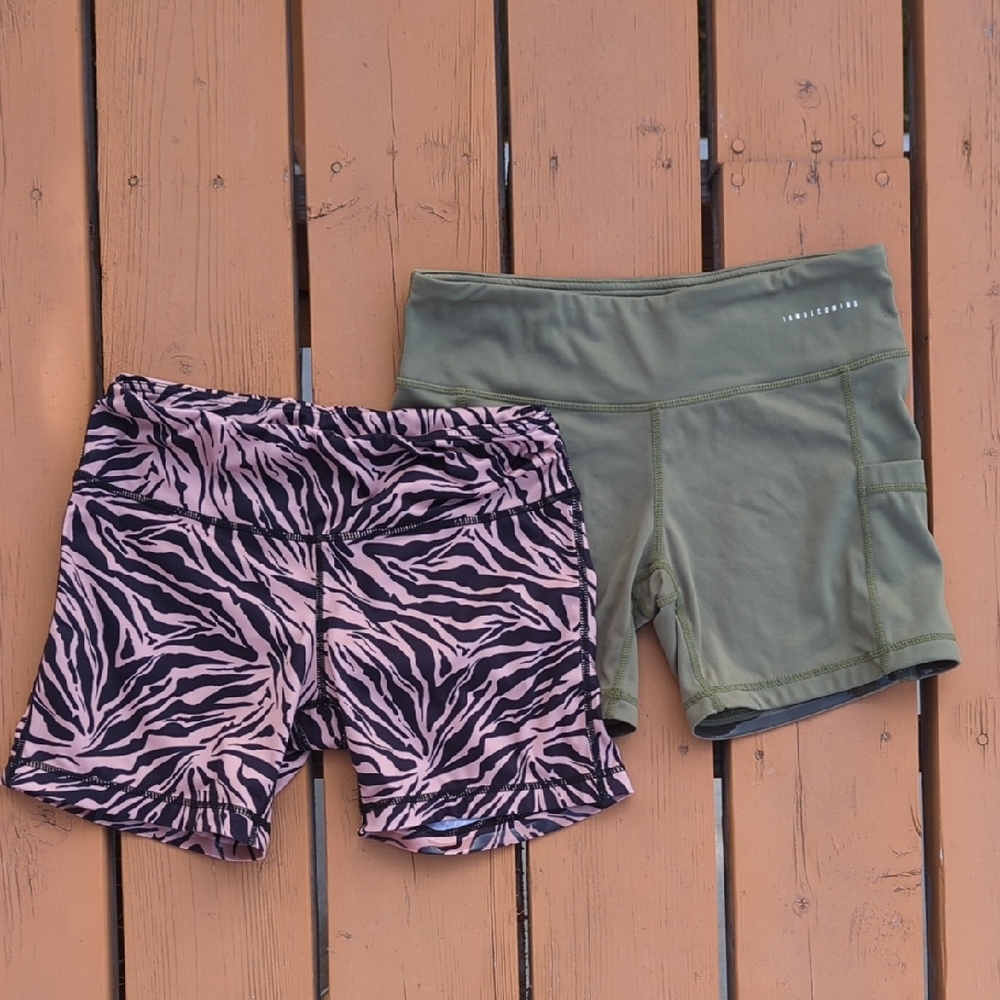 Two pair: Olive and Pink Zebra Spandex Shorts